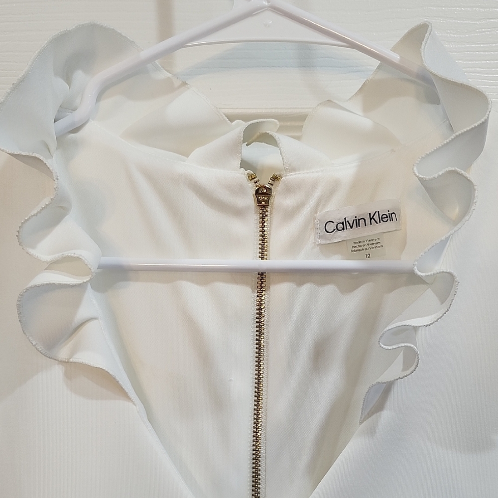 Calvin Klein White Ruffle Neck Mini Dress - Picture 3 of 4